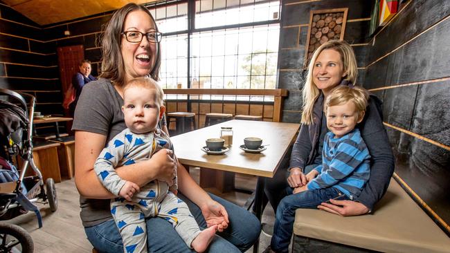 Nillumbik Shire resident Kristen Underwood (left) with baby Aleksandr 9 months has coffee regularly with her friend Lucy Settle and son Hamish. Picture: Tim Carrafa