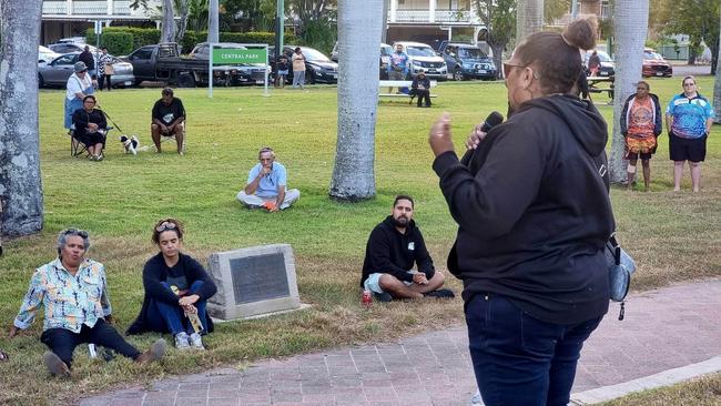 A community member speaking at an Indigenous gathering at Central Park, Rockhampton on Friday, May 12.