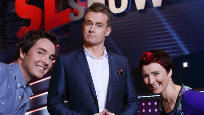 Host of Seven's SlideShow Grant Denyer, with Toby Truslove and Cal Wilson. Picture: Seven