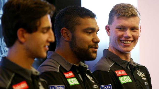 Magpies youngster Sam McLarty (right) could play a key role in SuperCoach this year. Picture: Michael Klein