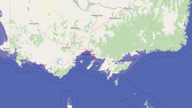 Melbourne if sea levels rose by 60+ metres. Picture: flood.firetree.net