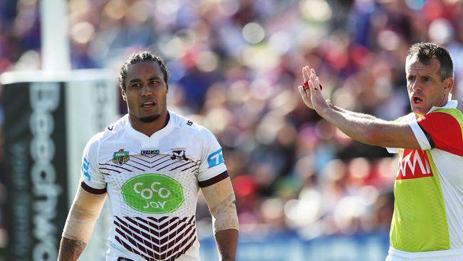 Manly's Steve Matai given ten minutes during NRL match Newcastle Knights v Manly Sea Eagles at Hunter Stadium. Picture. Phil Hillyard