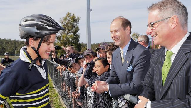 Year nine student Nicholas Shelverton, from St Aloysius Catholic College at Kingston, chats with Prince Edward, centre, and co-principal Joe Sandric. Picture: RICHARD JUPE