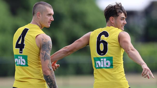 Dustin Martin with Patrick Naish at Tigers training. Pic: Michael Klein