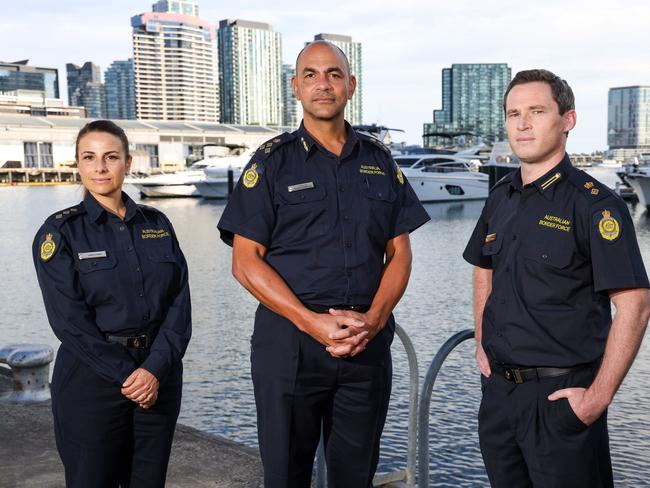 Australian Border Force Commander Bjorn Roberts (centre) says cartels are zeroing-in on Australia’s market. Picture: Ian Currie