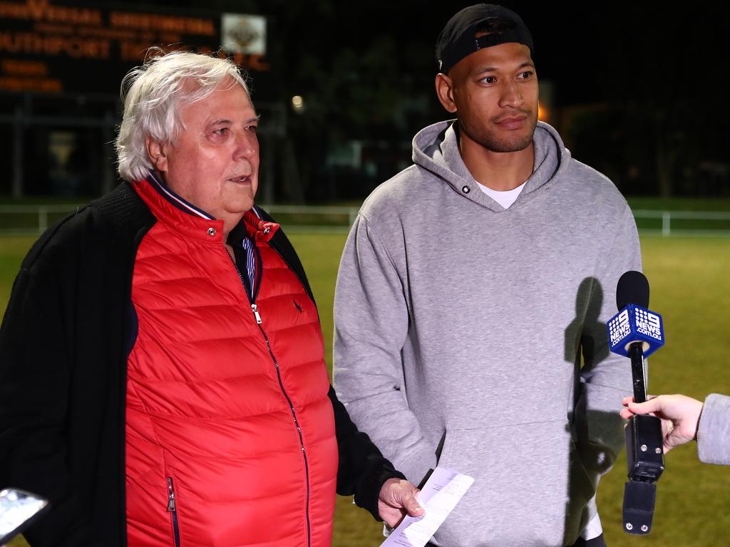 Clive Palmer and Israel Folau speak to media at Owen Park.