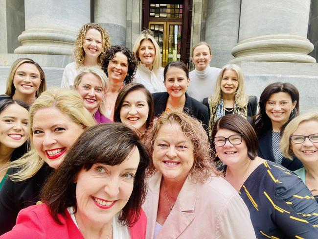 Deputy premier Susan Close with female Labor MPs from left, Olivia Savvas, Rhiannon Pearce, Katrine Hildyard, Lucy Hood, Nadia Clancy, Sarah Andrews, Jayne Stinson, Erin Thompson, Catherine Hutchesson, Emily Bourke, Zoe Bettison, Dana Wortley, Andrea Michaels, Clare Scriven. Upper House MP <b>Irene Pnevmatikos</b> is absent. Picture: Facebook