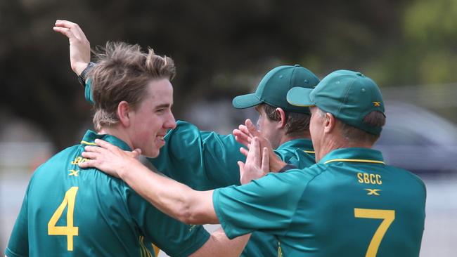 Cricket GCA1: South Barwon v Lara South Barwon bowler Bryson Nicholls and team mates celebrate getting the wicket of Lara batsman Ed Kol Picture: Mark Wilson