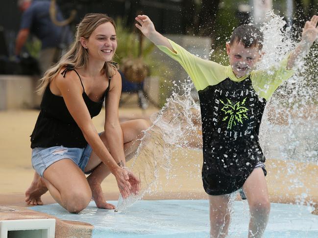 11/3/2019 : Abby Taylor cools down with son Ashton 6, at the local swimming pool in Bundamba, near Ipswich, west of Brisbane. The south east of QLD has experienced above average temperatures, with the Ipswich area constantly a number of degrees higher than Brisbane city. Lyndon Mechielsen/The Australian