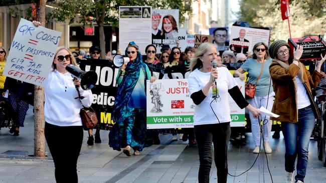 About 1000 anti-vax campaigners marched to Victoria Square Picture: Dean Martin