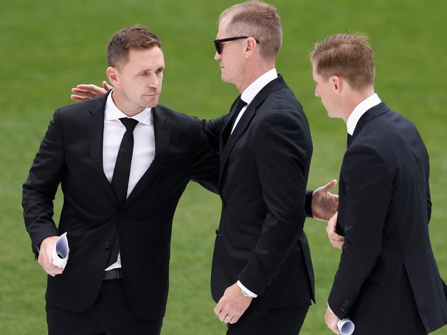 Joel Selwood, Adam and Scott during Troy Selwood's Funeral Service at GMHBA Stadium. Picture via Getty Images