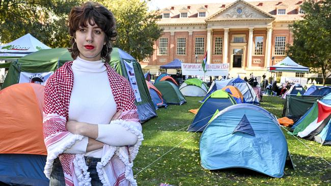 El Hall poses at the Adelaide Uni Gaza Solidarity Encampment. Picture: Mark Brake