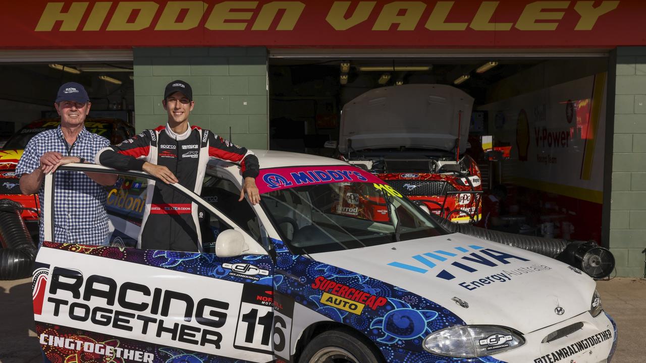 The Racing Together team Garry Connelly (co-founder), Braedyn Cidoni (driver) in pit lane at Hidden Valley. Picture: Mark Horsburgh