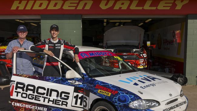 The Racing Together team Garry Connelly (co-founder) and Braedyn Cidoni (driver) in the pit lane at Hidden Valley. Picture: Mark Horsburgh