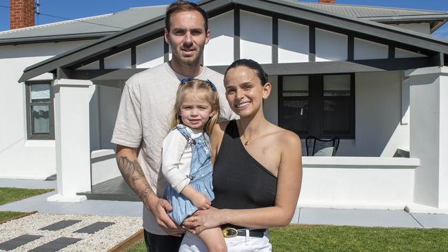 Kellie and Jeremy Finlayson with their daughter Sophia ,3 ,in their  Hendon home they are selling.Thursday,August,29,2024.Picture Mark Brake