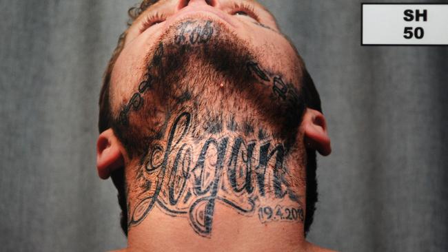 Police evidence pictures of Raymond Jones showing the tattoos under his chin. Pictures: SAPOL