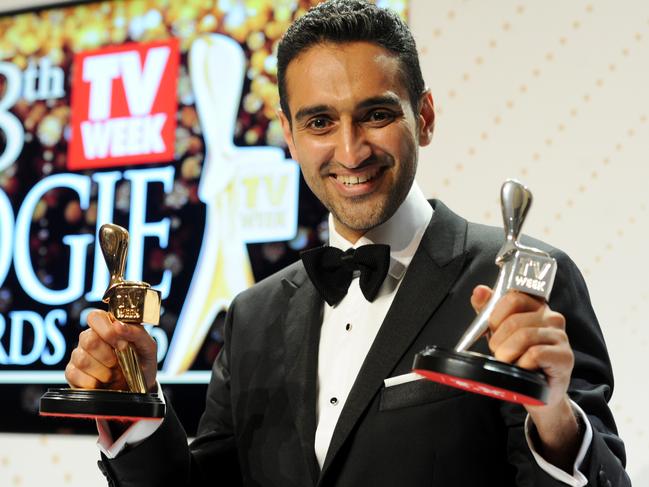 Gold Logie winner Waleed Aly with his gold and silver Logies after the 2016 Logie Awards at the Crown Casino in Melbourne, Sunday, May 8, 2016. (AAP Image/Joe Castro) NO ARCHIVING