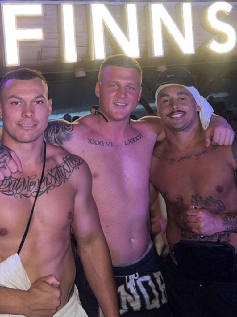 Baile (centre) shared a photo with mates – including NRL player Jayden Sullivan (right) – at Finn’s Beach Club in Bali. Picture: PerthNow