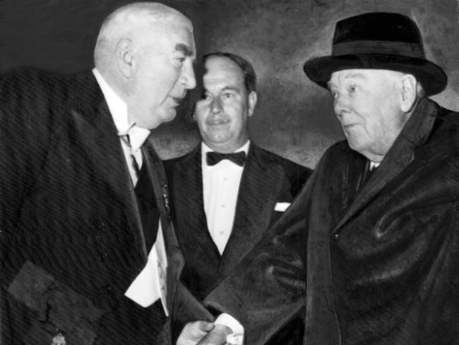 British Prime Minister Sir Winston Churchill meets Australian PM Sir Robert Menzies outside the Savoy Hotel in London. Churchill won WW2 for Great Britain and then lost government soon after.