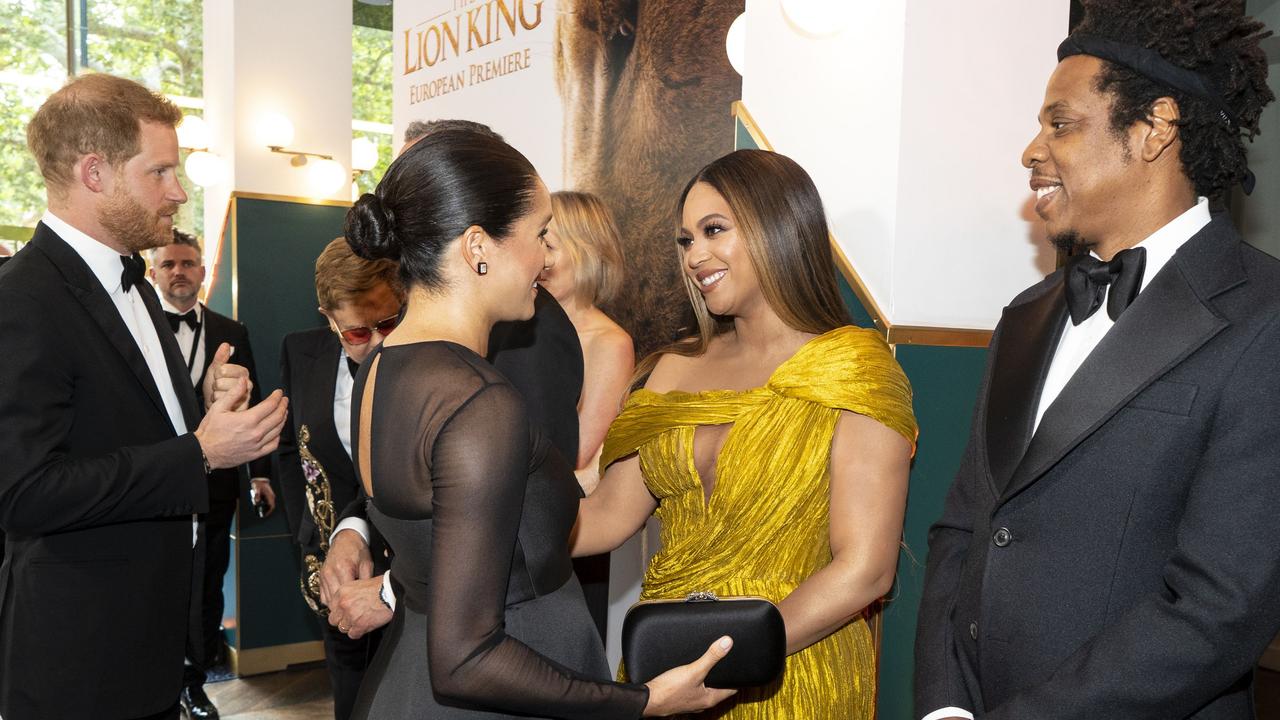 Prince Harry spruiked Meghan’s skills to Disney CEO Bob Iger while his wife chatted to Beyonce and Jay-Z at The Lion King premiere. Picture: Niklas Halle'n/Pool/AFP