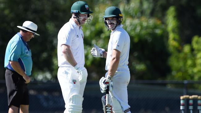 Jake Lambert and Adam Tsapatsaris talk tactics. Picture: Steve Tanner