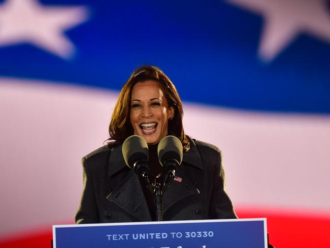 PHILADELPHIA, PA - NOVEMBER 02: Democratic vice presidential nominee Sen. Kamala Harris (D-CA) addresses supporters at a drive-in election eve rally on November 2, 2020 in Philadelphia, Pennsylvania. Democratic presidential nominee Joe Biden, who is originally from Scranton, Pennsylvania, remains ahead of President Donald Trump by about six points, according to a recent polling average. With the election tomorrow, Trump held four rallies across Pennsylvania over the weekend, as he vies to recapture the Keystone State's vital 20 electoral votes. In 2016, he carried Pennsylvania by only 44,292 votes out of more than 6 million cast, less than a 1 percent differential, becoming the first Republican to claim victory here since 1988.   Mark Makela/Getty Images/AFP == FOR NEWSPAPERS, INTERNET, TELCOS & TELEVISION USE ONLY ==