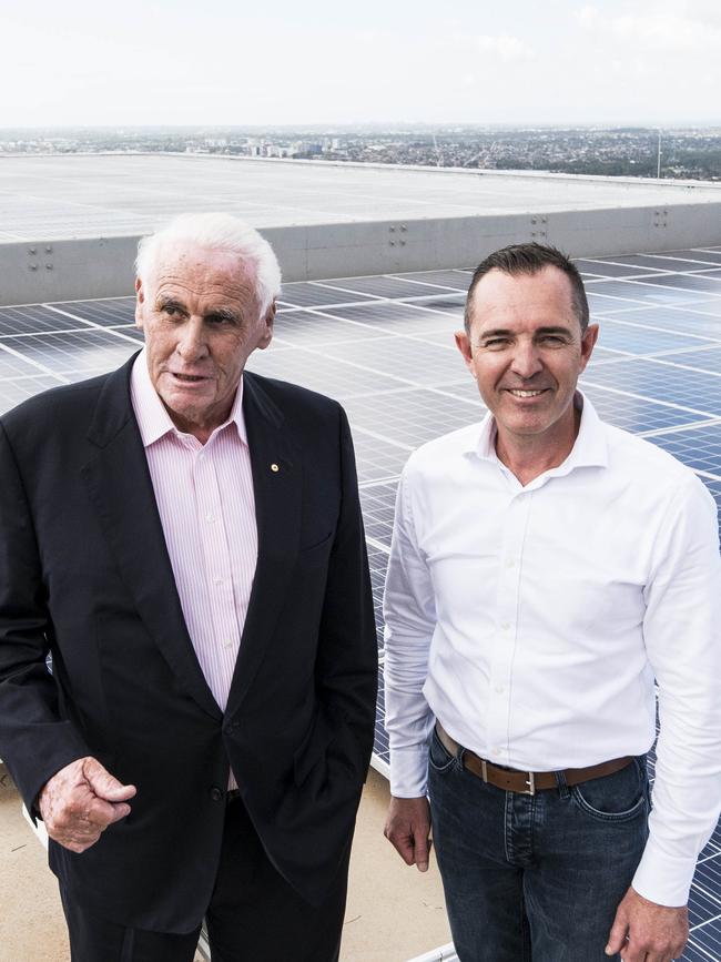 Lang Walker with Walker Corporation general manager of project delivery Nathan Campbell on top of their new tower at Parramatta Square. Picture: Darren Leigh Roberts.