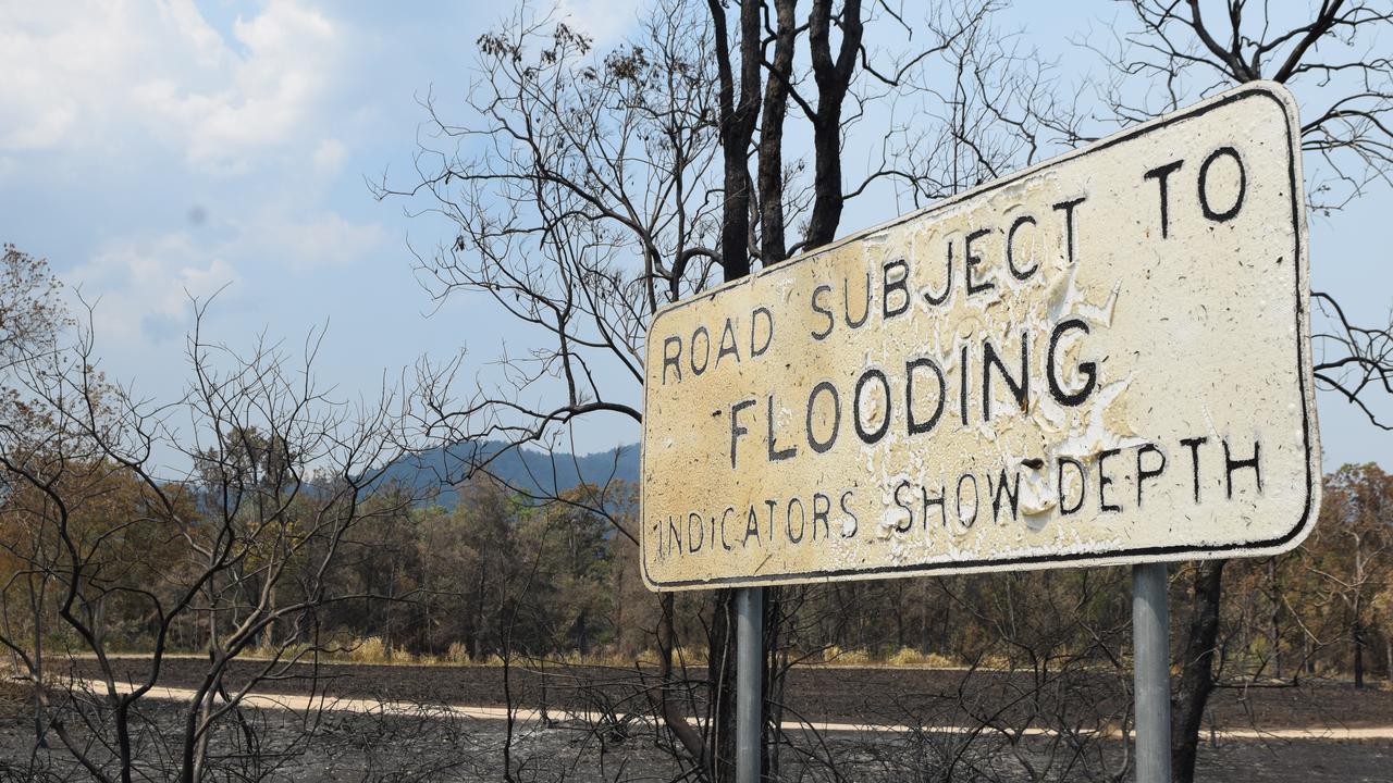 A burnt sign past Netherdale on the Mackay Eungella Rd shows the intensity of the devastating 2018 fires. For a region used to floods and cyclones, these fires were characterised as 'unprecedented' for the upper Pioneer Valley.