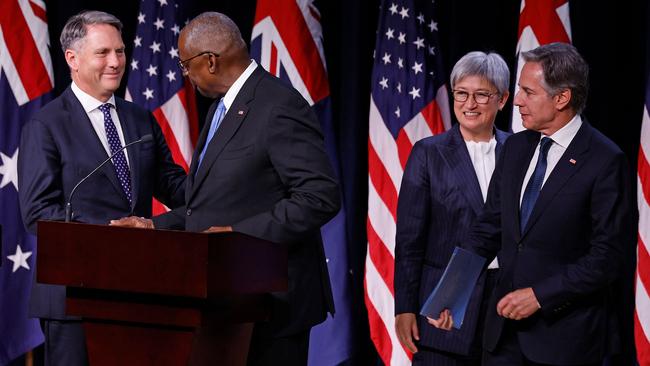 Defence Minister Richard Marles, left, US Defence Secretary Lloyd Austin, Foreign Minister Penny Wong and US Secretary of State Antony Blinken after AUSMIN talks in Annapolis, Maryland. Picture: Getty Images