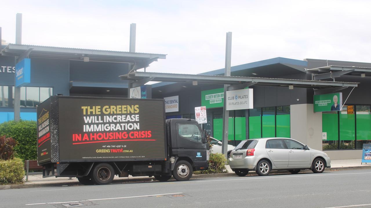 The STT Advertising mobile ad truck with the actual advertisement, outside Ms Watson-Brown's office.