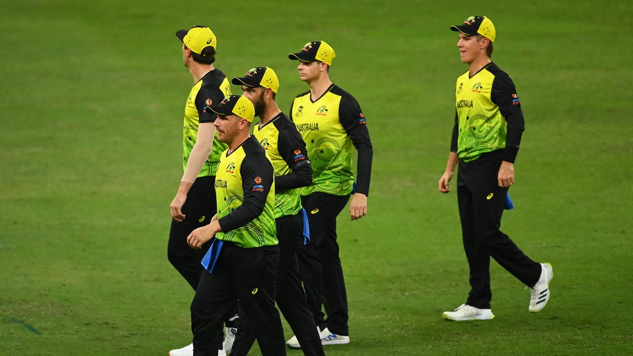 DUBAI, UNITED ARAB EMIRATES - OCTOBER 30: Aaron Finch of Australia leads off their side following the ICC Men's T20 World Cup match between Australia and England at Dubai International Stadium on October 30, 2021 in Dubai, United Arab Emirates. (Photo by Alex Davidson/Getty Images)