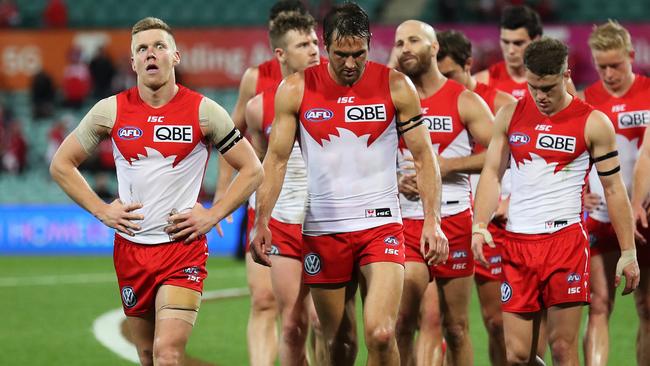 Dan Hannebery and Josh Kennedy lead Sydney off the SCG. Picture: Phil Hillyard