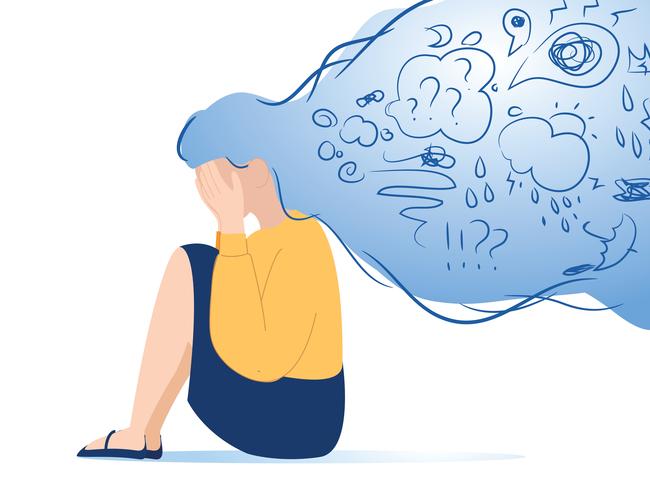 Mental disorder, finding answers, confusion concept. Woman suffering from depression, closing face with palms in despair, girl trying to solve complex problems. Simple flat vector. Stress at work