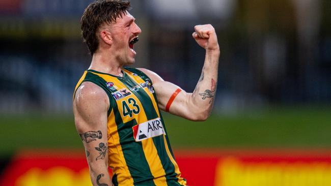 Benjamin Brett celebrates a goal for PINT against the Darwin Buffaloes in Round 10 of the 2023-24 NTFL season. Picture: Pema Tamang Pakhrin