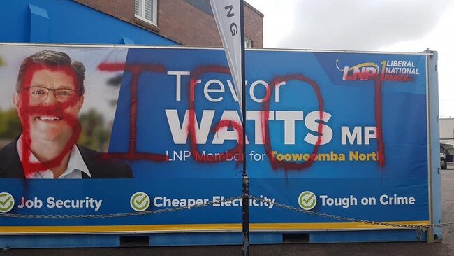 One of Trevor Watts' election signs was targeted overnight.