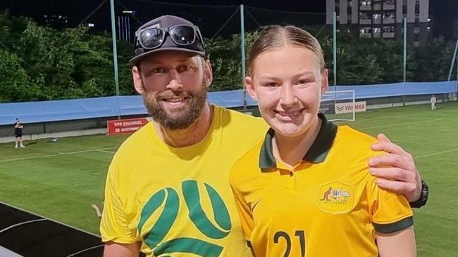 Central Coast Mariners 16-year-old rising star Tiana Fuller with her dad Jason - who was her first coach as a junior. Photo: supplied