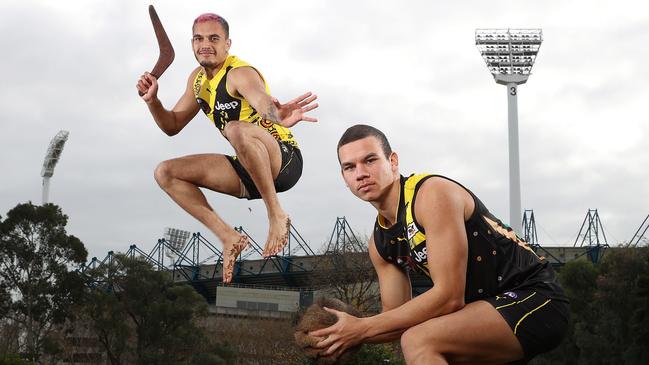 Sydney Stack and Daniel Rioli ahead of what would have been the 16th Dreamtime at the G game on Saturday, May 23. Reconciliation week begins on Sunday. Picture: Michael Klein.