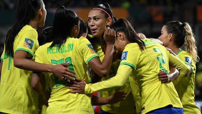 Brazil celebrate after scoing an incredible team goal against Panama at the 2023 Women’s World Cup. Picture: AFP.