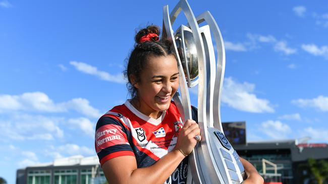 BRISBANE, AUSTRALIA - APRIL 10: Roosters captain Corban Baxter poses with the Premiership trophy after her team's victory during the NRLW Grand Final match between the St George Illawarra Dragons and the Sydney Roosters at Moreton Daily Stadium, on April 10, 2022, in Brisbane, Australia. (Photo by Albert Perez/Getty Images)