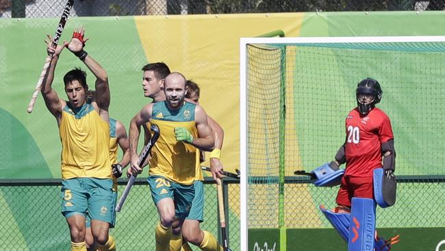 Chris Ciriello celebrates putting the Aussies ahead early against the Kiwis.