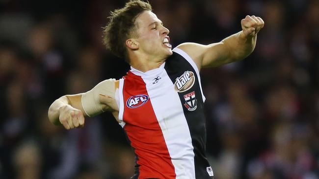 Jack Billings celebrates a goal for St Kilda.