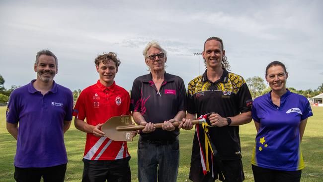 L-R Jesse Butler, James Arratta, Jim McDougall Nightcliff Community Bank, Ryan Nyhuis and Tamara Heinrich ahead of Nightcliff's Battle of the Beaches match against Waratah in the 2023-24 NTFL season. Picture: Pema Tamang Pakhrin