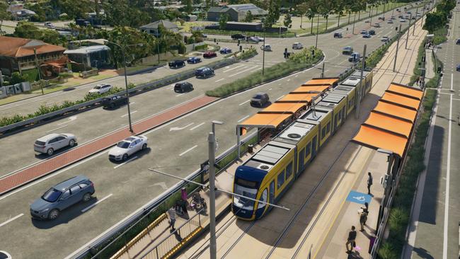 Artist impression of Gold Coast Light Rail Stage 4 between Tugun and Coolangatta, including Gold Coast Airport and the NSW border. Picture: Department of Transport and Main Roads.