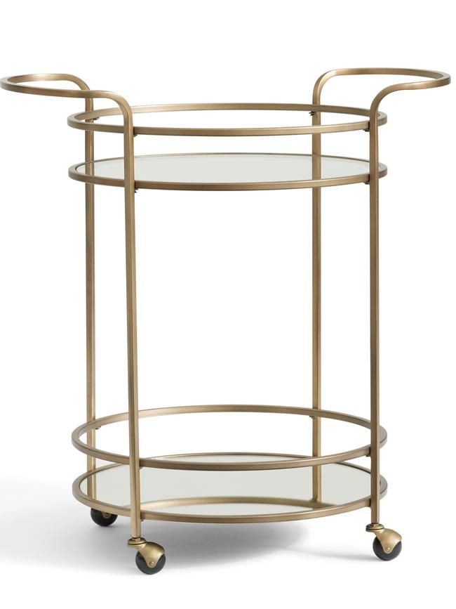 The Tristan bar cart from Pottery Barn has echoes of Art Deco.