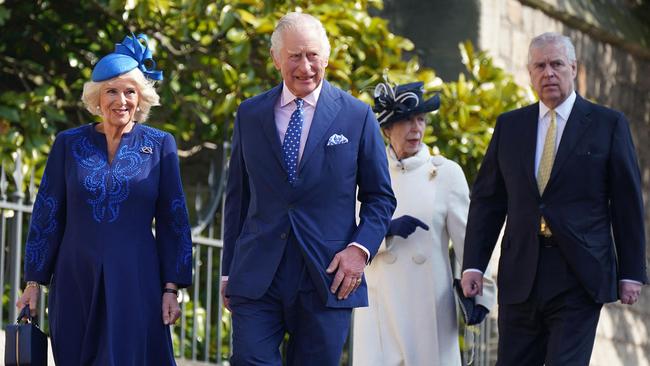 Britain's King Charles III and Britain's Camilla, Queen Consort walk with Britain's Princess Anne, Princess Royal, and Britain's Prince Andrew, Duke of York as they arrive for the Easter Mattins Service at St. George's Chapel. Picture: AFP