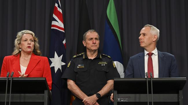 Home Affairs Minister Clare O’Neil, ABF Comissioner Michael Outram and Immigration Minister Andrew Giles fronted media and revealed four detainees declined ankle bracelets. Picture: NCA NewsWire / Martin Ollman