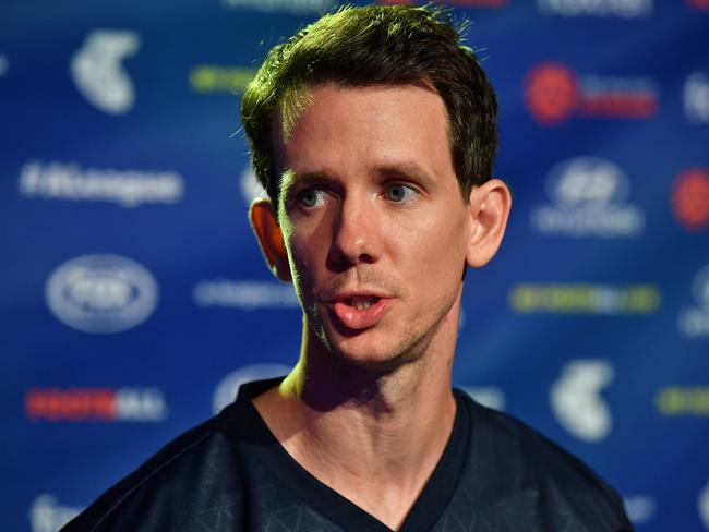 Robbie Kruse of Melbourne Victory speaks to the media during the A-League 2019/20 Season Launch at the Entertainment Quarter in Sydney, Tuesday, October 8, 2019. (AAP Image/Joel Carrett) NO ARCHIVING