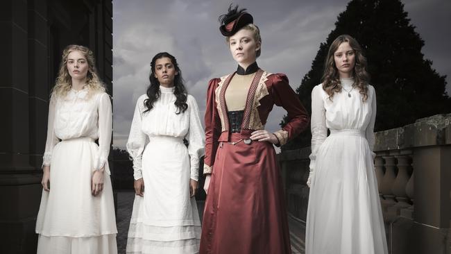 Picnic At Hanging Rock the new Foxtel show. Samara Weaving (Irma Leopold), Madeleine Madden (Marion Quade), Natalie Dormer (English headmistress Mrs Hester Appleyard) and Lily Sullivan (Miranda Reid). Picture: FremantleMedia Australia / Ben King