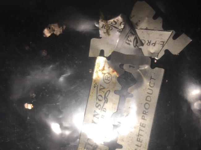 The razor blade fragments the family kept as evidence after the repeated baiting attempts.