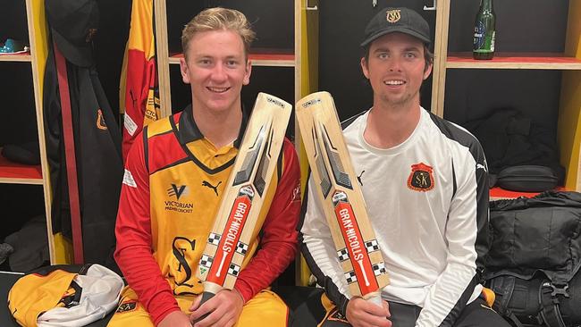 Ed Newman and Patrick Rowe after their centuries for St Kilda.